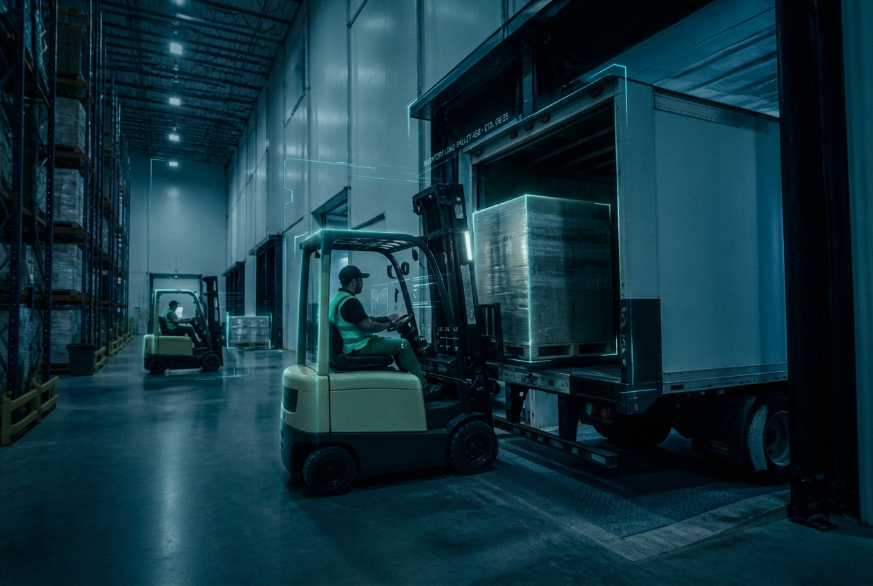 Forklift loading pallets into a truck at a modern distribution warehouse